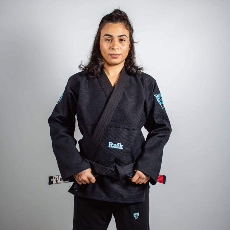 Kimono Jiu Jitsu Feminino Forgeshield Gi Preto e Azul bebê | Raik Fight Wear